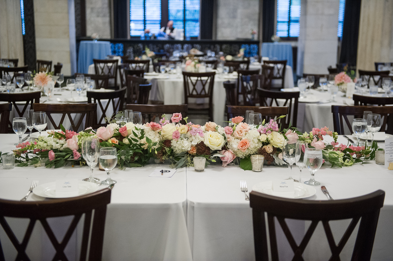 JS Weddings and Events, a Grand Rapids Wedding Planner and Floral Designer. Downtown Grand Rapids McKay Ballroom Fall Wedding. A romantic blush and blue palette.